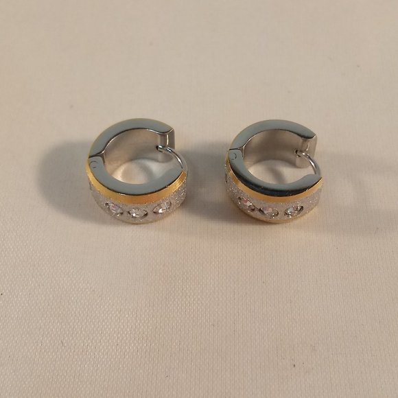 Mens Silver Gold Stainless Steel Diamond Zircon Sandblast Hoop Earrings 14mm - Picture 3 of 5